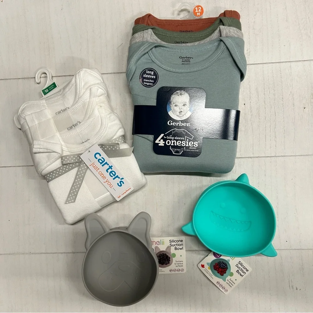 Carters Long‎ Sleeve Onesies 2 Melii Silicone Suction Bowls Baby Lot 12M/18M NWT